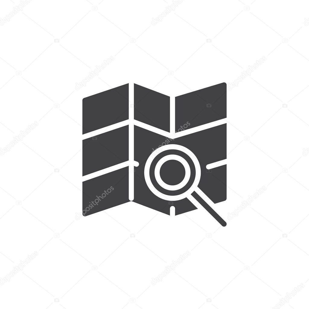 Map search vector icon. filled flat sign for mobile concept and web design. Paper map and magnifying glass simple solid icon. Symbol, logo illustration. Pixel perfect vector graphics