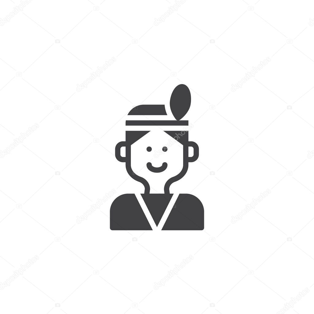 Native American with feather vector icon. filled flat sign for mobile concept and web design. simple solid icon. Symbol, logo illustration. Pixel perfect vector graphics