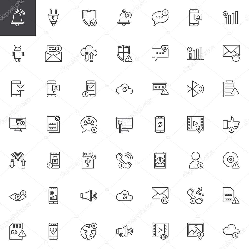 Notification outline icons set. linear style symbols collection, line signs pack. vector graphics. Set includes icons as Bell , Message, Mail, Comment, Friend, Network, Wifi, View Unknown  Internet