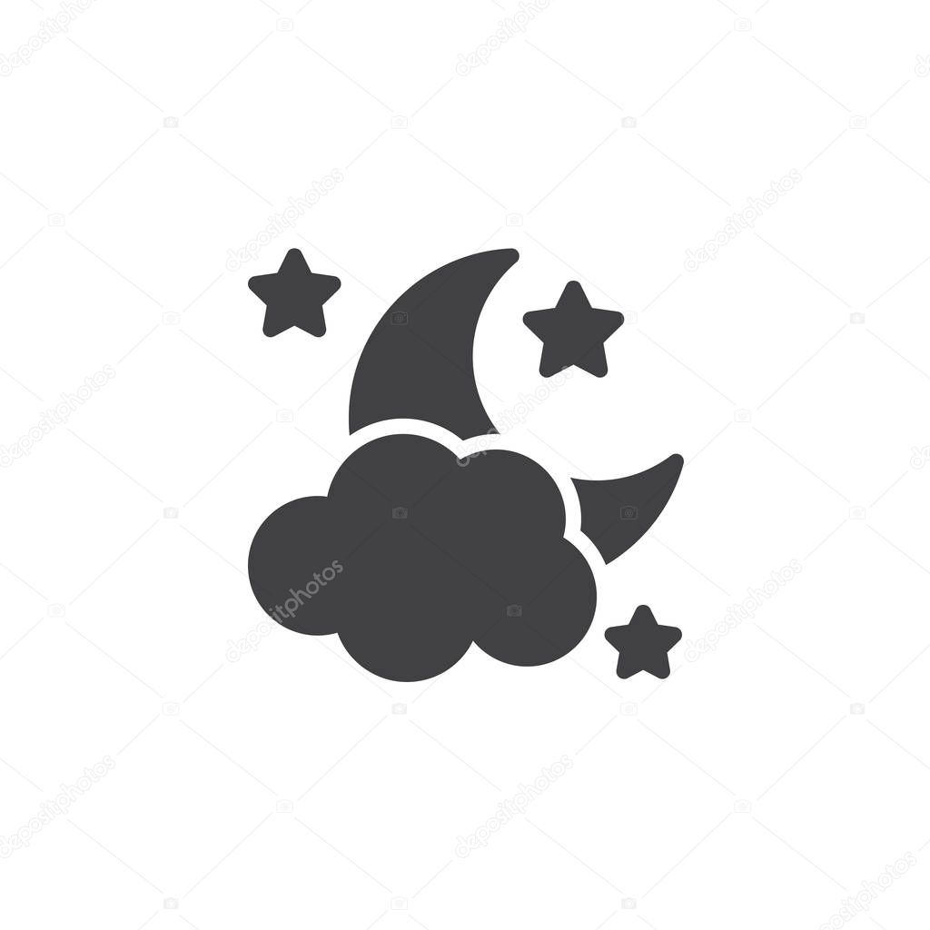Clouds moon stars vector icon. filled flat sign for mobile concept and web design. Night or sleep simple solid icon. Cloudy night symbol, logo illustration. Pixel perfect vector graphics