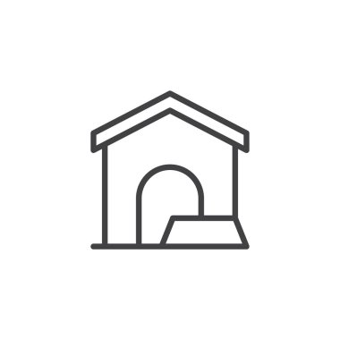 Köpek evi ve kase anahat simgesi. Mobil kavramı ve web tasarım için doğrusal stili işaret. Köpek kulübesi basit çizgi vektör simgesi. Sembol, logo illüstrasyon. Piksel mükemmel vektör grafikleri