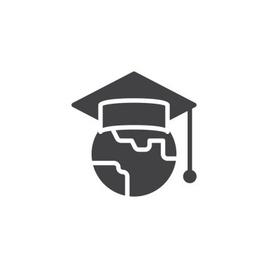 Dünya Eğitim vektör simgesi. Mobil kavramı ve web tasarım için düz işareti dolu. Küre simgesiyle mezuniyet kap basit katı. Sembol, logo illüstrasyon. Piksel mükemmel vektör grafikleri