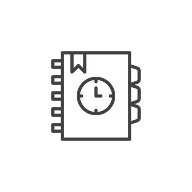 Gündem anahat simgesi. Mobil kavramı ve web tasarım için doğrusal stili işaret. Yer işareti ve saat basit çizgi vektör simgesi olan dizüstü bilgisayar. İş planlayıcısı sembolü, logo illüstrasyon