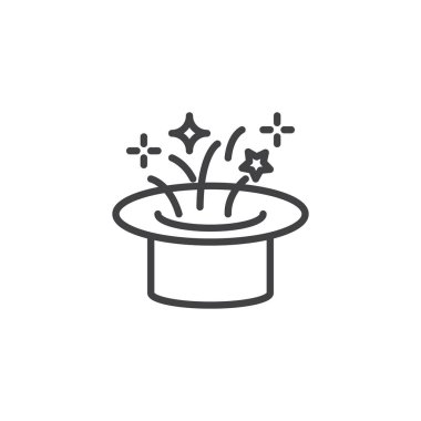 Sihirli şapka ve yıldız simgesini anahat. Mobil kavramı ve web tasarım için doğrusal stili işaret. basit çizgi vektör simgesi. Sembol, logo illüstrasyon. Piksel mükemmel vektör grafikleri