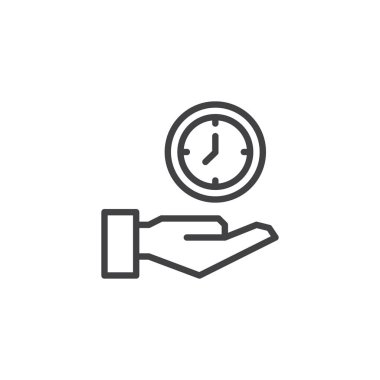 Bir saat anahat simgesi tutan el. Mobil kavramı ve web tasarım için doğrusal stili işaret. Zaman yönetimi basit çizgi vektör simgesi. Sembol, logo illüstrasyon. Piksel mükemmel vektör grafikleri