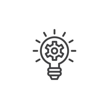 Dişli anahat simgesini ile fikir lamba. Mobil kavramı ve web tasarım için doğrusal stili işaret. Ayar dişli ampul basit çizgi vektör simgesi. Sembol, logo illüstrasyon. Piksel mükemmel vektör grafikleri