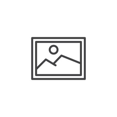 Görüntü anahat simgesi. Mobil kavramı ve web tasarım için doğrusal stili işaret. Dağlar ve güneş basit çizgi vektör simgesi ile manzara resmi. Sembol, logo illüstrasyon. Piksel mükemmel vektör grafikleri