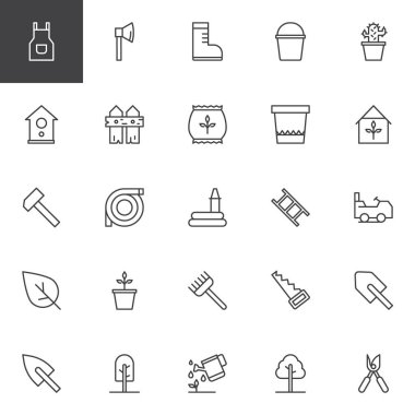 Bahçe anahat simgelerini belirlemek. Doğrusal stil semboller koleksiyonu, hat paketi imzalar. vektör grafikleri. Önlük, balta, önyükleme, kova, çit, ev, bitki, Pot, Bahçe Sulama hortumu biçme simgeler içerir
