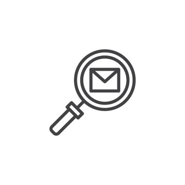 İleti arama anahat simgesi. Mobil kavramı ve web tasarım için doğrusal stili işaret. Büyüteç ve zarf mektup basit çizgi vektör simgesi. Sembol, logo illüstrasyon. Piksel mükemmel vektör grafikleri