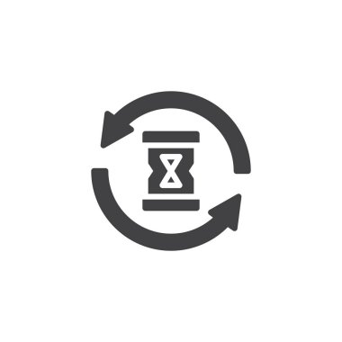 Kum saati ve okları vektör simge çevresinde. Mobil kavramı ve web tasarım için düz işareti dolu. Zamanlayıcı basit katı simgesi. Sembol, logo illüstrasyon. Piksel mükemmel vektör grafikleri