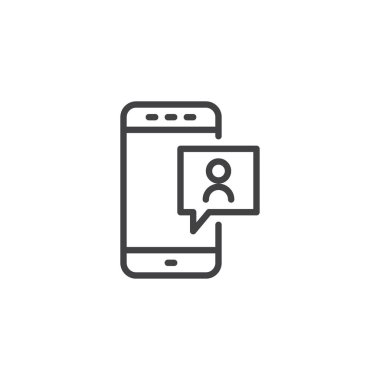 Mobil arkadaş ileti bildirim anahat simgesi. Mobil kavramı ve web tasarım için doğrusal stili işaret. Smartphone ile sohbet kabarcık konuşma basit çizgi vektör simgesi. Sembol, logo illüstrasyon