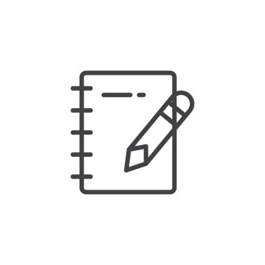 Not defteri ve kalem anahat simgesi. Mobil kavramı ve web tasarım için doğrusal stili işaret. Defter ve kalem basit çizgi vektör simgesi. Not sembol, logo illüstrasyon. Vektör grafikleri