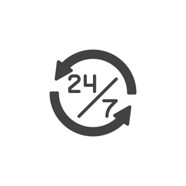 24 7 saat vektör simgesi. Mobil kavramı ve web tasarım için düz işareti dolu. 24 saat ve 7 gün basit katı simgesi. Sembol, logo illüstrasyon. Piksel mükemmel vektör grafikleri