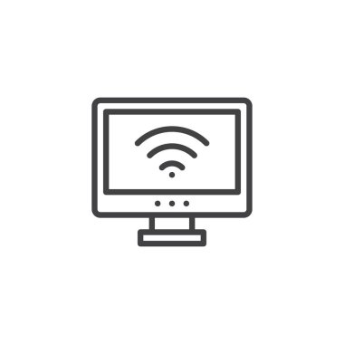 Akıllı tv ve wi-fi anahat simgesi. Mobil kavramı ve web tasarım için doğrusal stili işaret. wifi tv basit çizgi vektör simgesi. Sembol, logo illüstrasyon. Piksel mükemmel vektör grafikleri