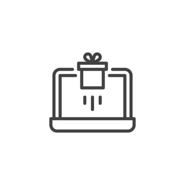Dizüstü bilgisayar ve hediye kutusu anahat simgesi. Mobil kavramı ve web tasarım için doğrusal stili işaret. Online alışveriş basit çizgi vektör simgesi. Sembol, logo illüstrasyon. Piksel mükemmel vektör grafikleri