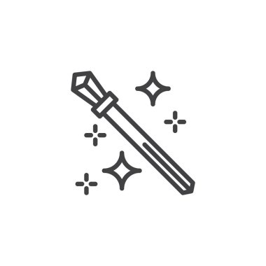 Sihirli değnek anahat simgesi. Mobil kavramı ve web tasarım için doğrusal stili işaret. Sihirbaz değneği basit çizgi vektör simgesi. Sembol, logo illüstrasyon. Piksel mükemmel vektör grafikleri