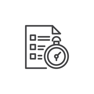 Zaman yönetimi anahat simgesini. Mobil kavramı ve web tasarım için doğrusal stili işaret. Basit çizgi vektör simgesi denetim listesi ve kronometre. Sembol, logo illüstrasyon. Piksel mükemmel vektör grafikleri