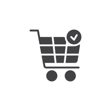 Sipariş vektör simge tamamlandı. Mobil kavramı ve web tasarım için düz işareti dolu. Alışveriş sepeti ile onay işareti basit katı simgesi. Sembol, logo illüstrasyon. Piksel mükemmel vektör grafikleri