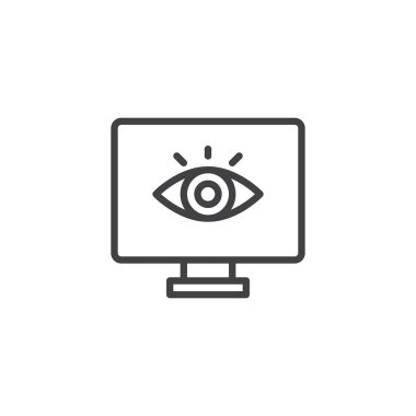 Bilgisayar izleme anahat simgesi. Mobil kavramı ve web tasarım için doğrusal stili işaret. Ekran ve göz basit çizgi vektör simgesi. Sembol, logo illüstrasyon. Piksel mükemmel vektör grafikleri