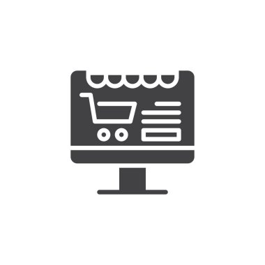 Online alışveriş vektör simgesi. Mobil kavramı ve web tasarım için düz işareti dolu. Alışveriş sepeti basit katı simgesi ile bilgisayar monitörü. Sembol, logo illüstrasyon. Piksel mükemmel vektör grafikleri