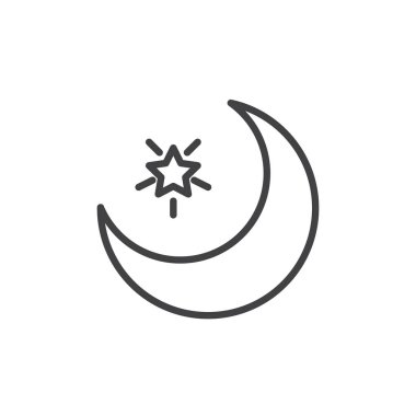 Hilal ve yıldız anahat simgesi. Mobil kavramı ve web tasarım için doğrusal stili işaret. Gece zaman basit çizgi vektör simgesi. Islam sembolü, logo illüstrasyon. Piksel mükemmel vektör grafikleri