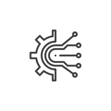 Devre ve dişli anahat simgesi. Mobil kavramı ve web tasarım için doğrusal stili işaret. Dijital teknoloji basit çizgi vektör simgesi. Sembol, logo illüstrasyon. Piksel mükemmel vektör grafikleri