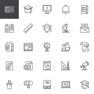 Üniversitesi Eğitim anahat simgelerini belirlemek. Doğrusal stil semboller koleksiyonu, hat paketi imzalar. vektör grafikleri. Öğrenci kimlik kartı, mezun kap simgeler içerir, bilgisayar, Diploma ilerleyin, podyum, sınav