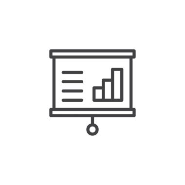 Projektörü ekran grafik anahat simgesi ile. Mobil kavramı ve web tasarım için doğrusal stili işaret. Sunu ekran grafik çizgi vektör simgesi ile. Sembol, logo illüstrasyon. Vektör grafikleri