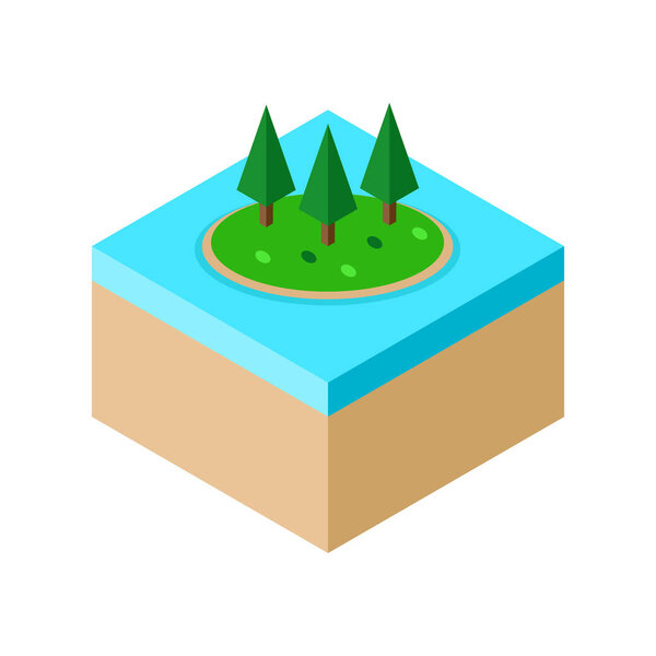 Изометрический ландшафт острова с векторной иллюстрацией лесных деревьев. концепция. Плоский дизайн. Красочная графика
