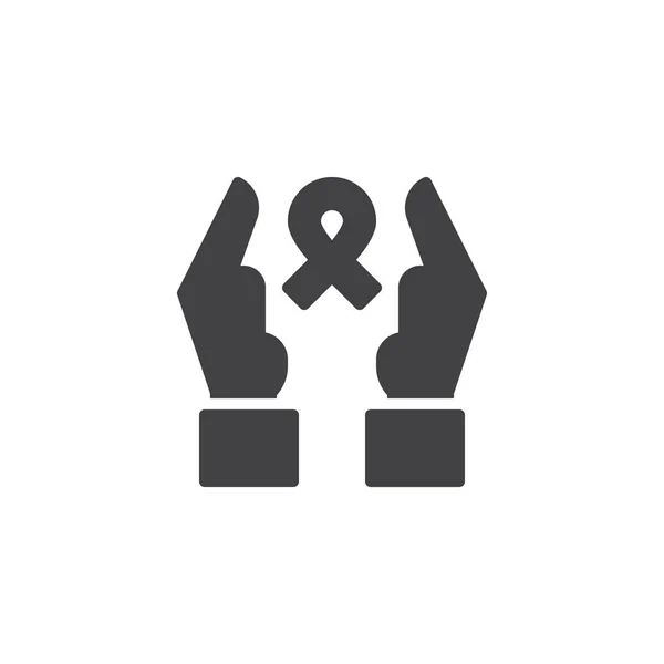 Hands and cancer award ribbon vector icon — Stock Vector