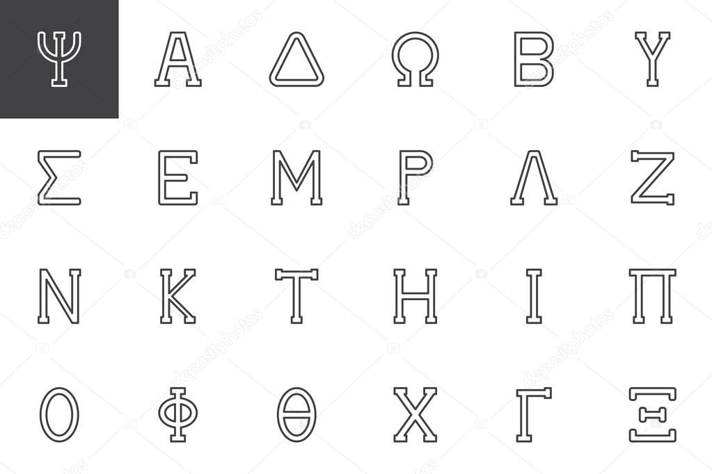 Greek alphabet symbols outline icons set. linear style symbols collection, line signs pack. vector graphics. Set includes icons as Psi letter, Alpha, Delta, Omega, Beta, Sigma, Epsilon, Mu, Lambda Nu