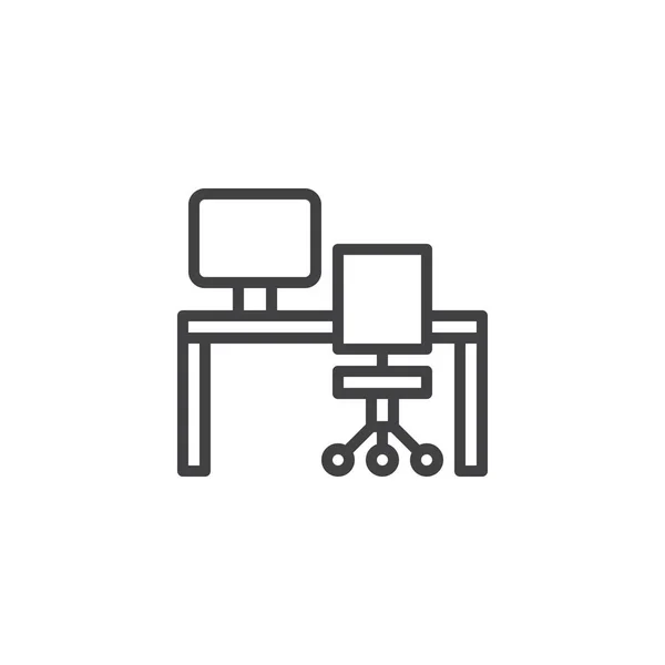 Office desk, computer and chair furniture outline icon — Stock Vector