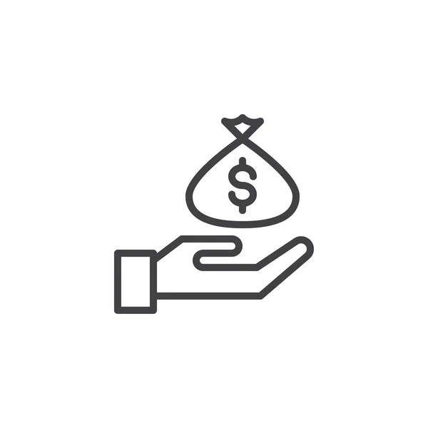 Hand met het pictogram voor het overzicht van een geld-zak — Stockvector