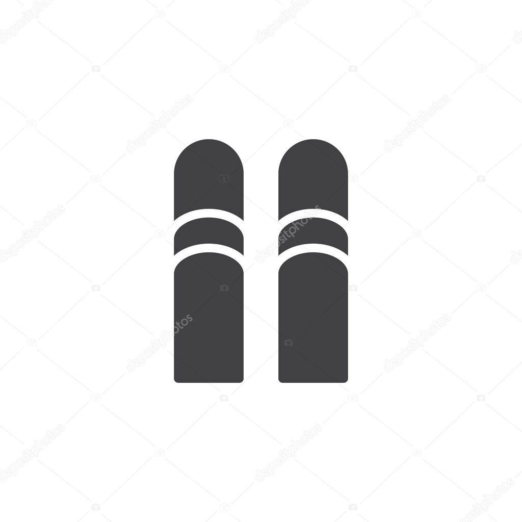 Pair of skis vector icon. filled flat sign for mobile concept and web design. Winter sport equipment simple solid icon. Symbol, logo illustration. Pixel perfect vector graphics