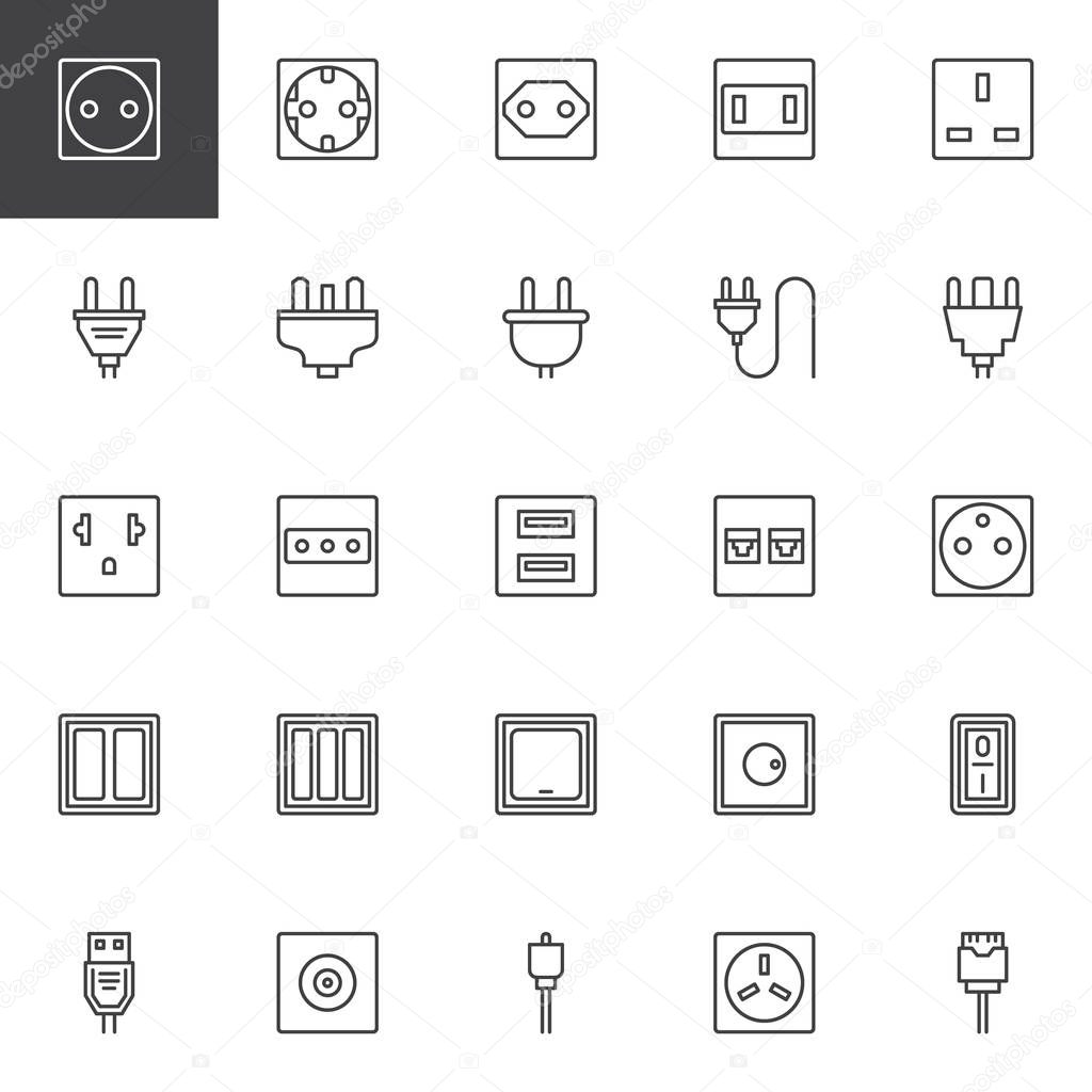 Plug and socket types outline icons set