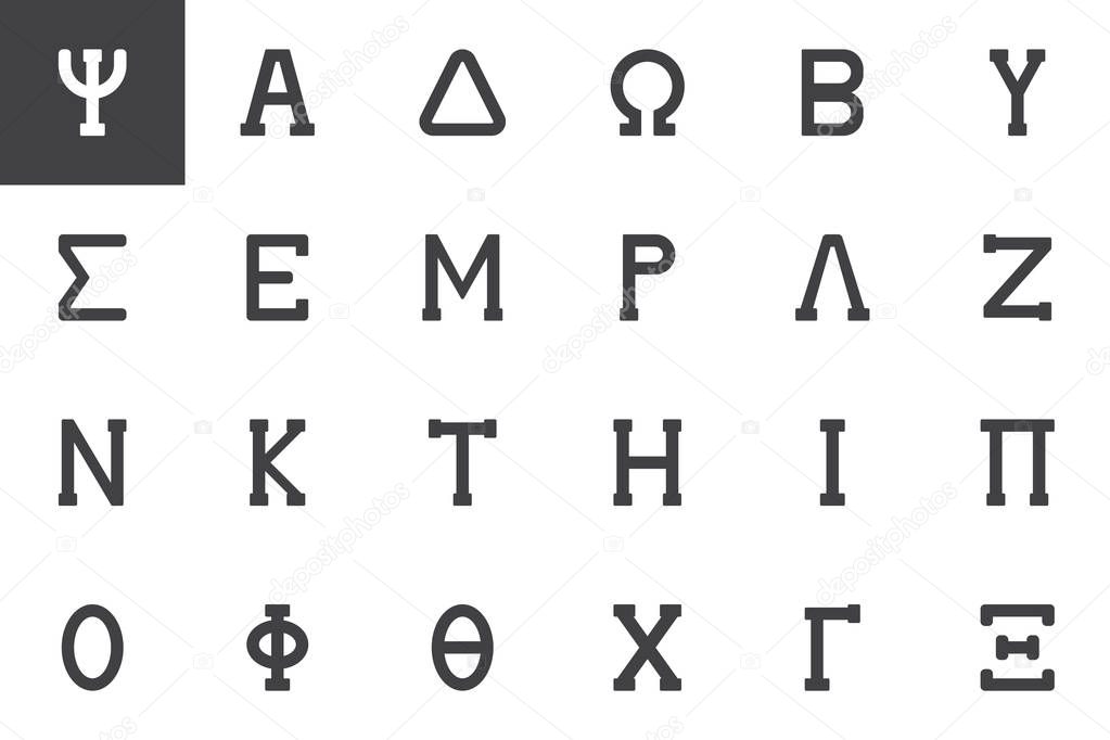 Greek alphabet symbols vector icons set modern solid symbol collection filled style pictogram pack. Signs logo illustration. Set includes icons as Psi letter, Alpha, Delta, Omega, Beta, Sigma, Epsilon