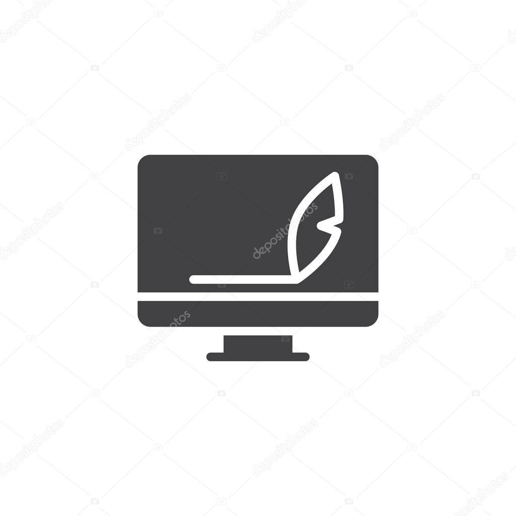 Computer monitor and feather her pen vector icon. filled flat sign for mobile concept and web design. Blog, Copywriting simple solid icon. Symbol, logo illustration. Pixel perfect vector graphics