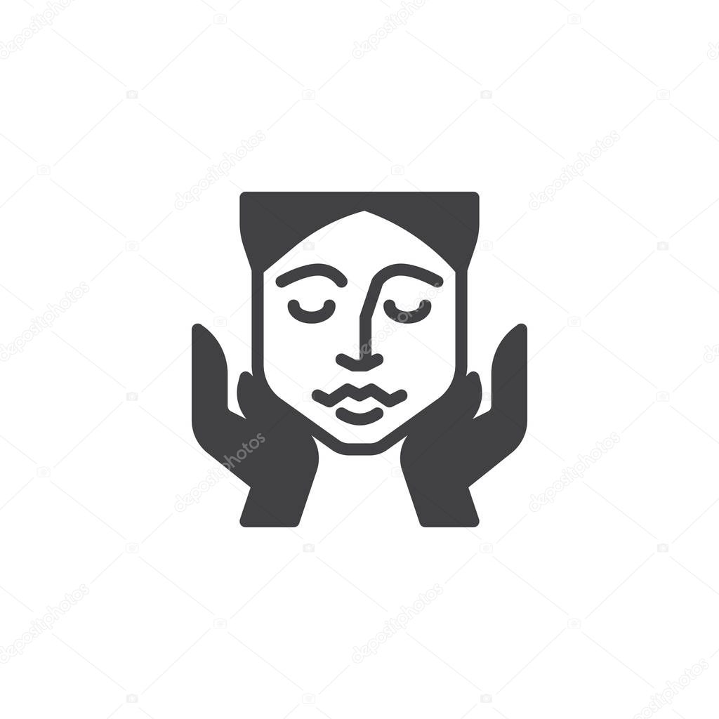 Face massage vector icon. filled flat sign for mobile concept and web design. Woman face and hands glyph icon. Beauty treatment symbol, logo illustration. Pixel perfect vector graphics