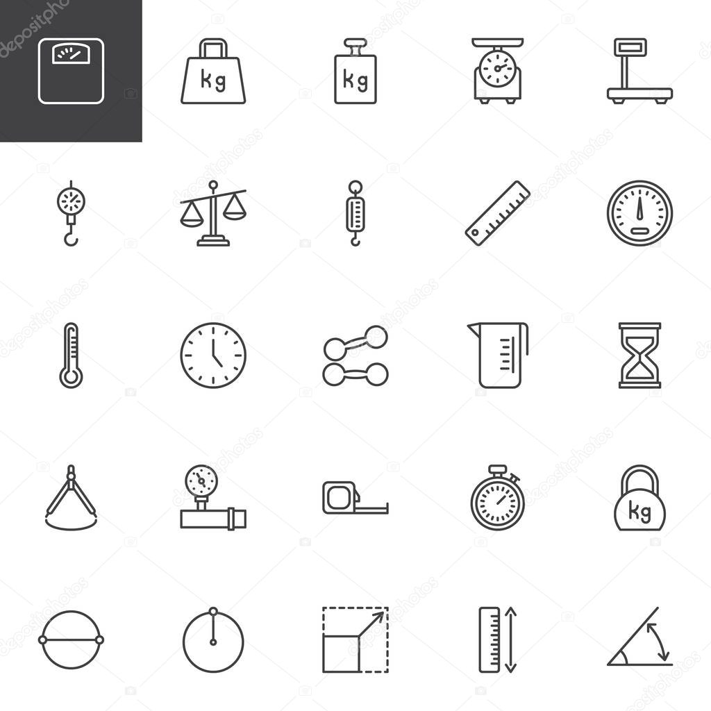 Scale and Measurement line icons set. linear style symbols collection, outline signs pack. vector graphics. Set includes icons as Calibration Weight scale, Measuring Ruler, Speedometer, Stopwatch