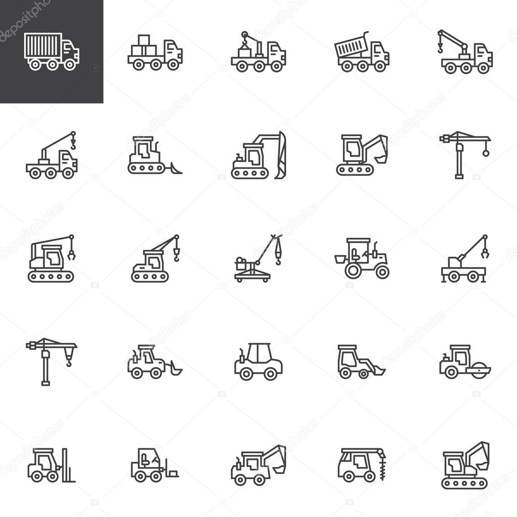 Construction truck line icons set. linear style symbols collection, outline signs pack. vector graphics. Set includes icons as crane, equipment, industry, bulldozer, tractor, excavator machinery