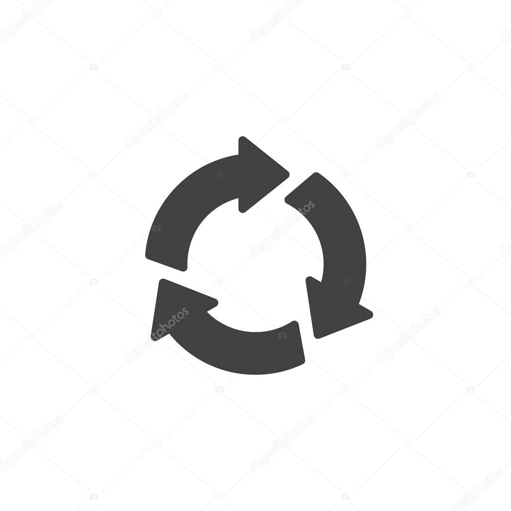 Three circular arrows vector icon. filled flat sign for mobile concept and web design. Right rotate arrows glyph icon. Symbol, logo illustration. Pixel perfect vector graphics
