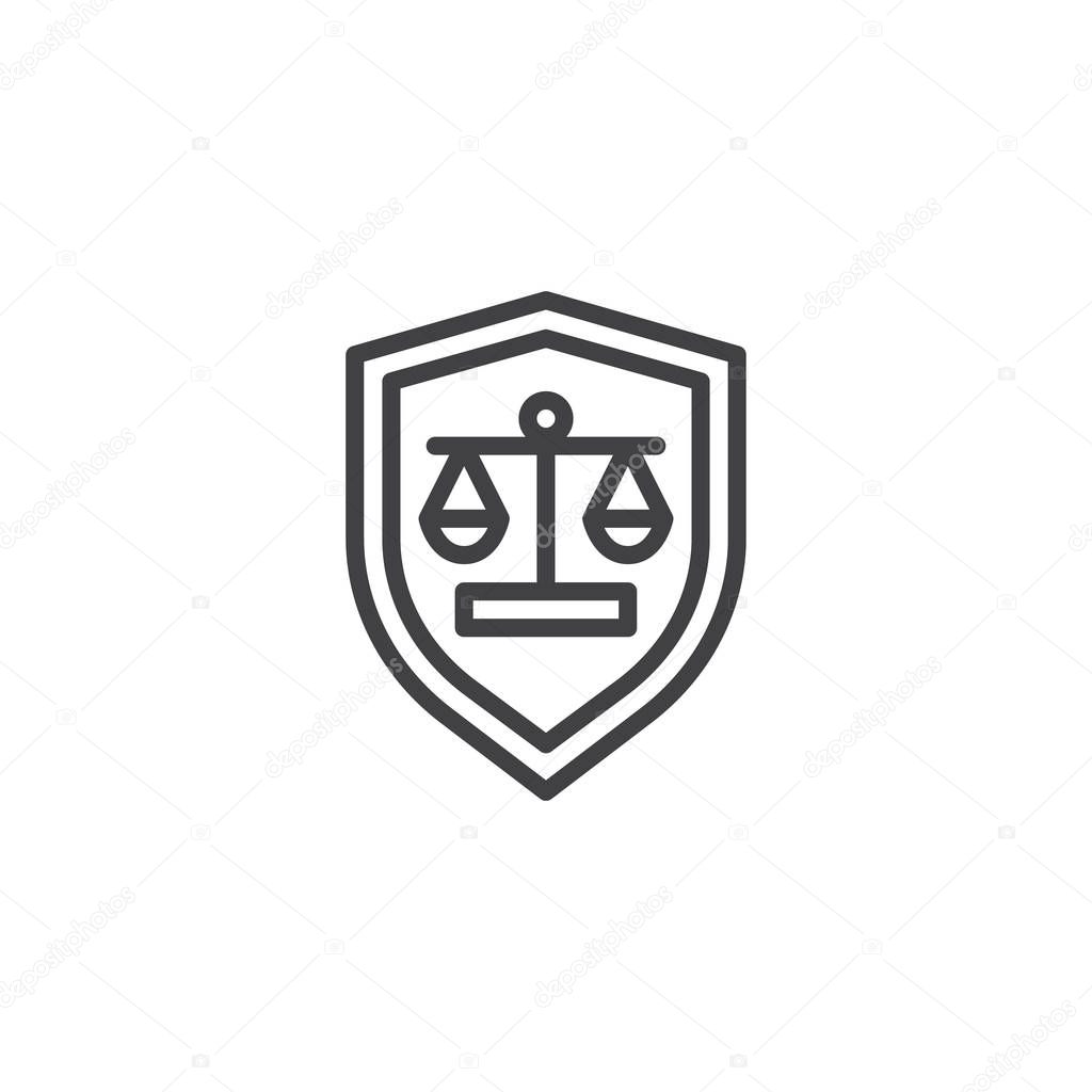 Law shield line icon. linear style sign for mobile concept and web design. Protection shield with Justice scales outline vector icon. Symbol, logo illustration. Pixel perfect vector graphics