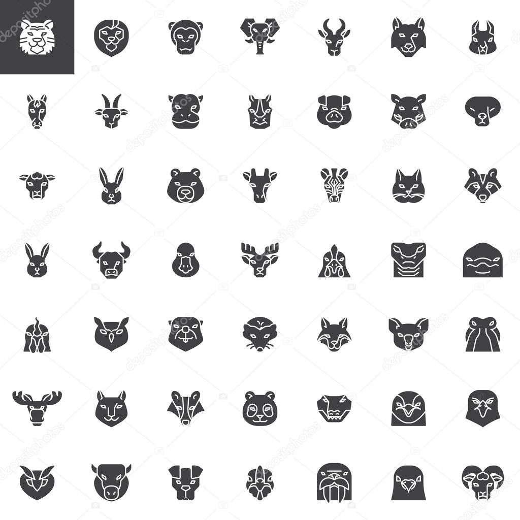 Animals head front view vector icons set, modern solid symbol collection filled style pictogram pack. Signs logo illustration. Set includes icons as hedgehog, fox, wolf, elk, lynx, badger, boar, bison