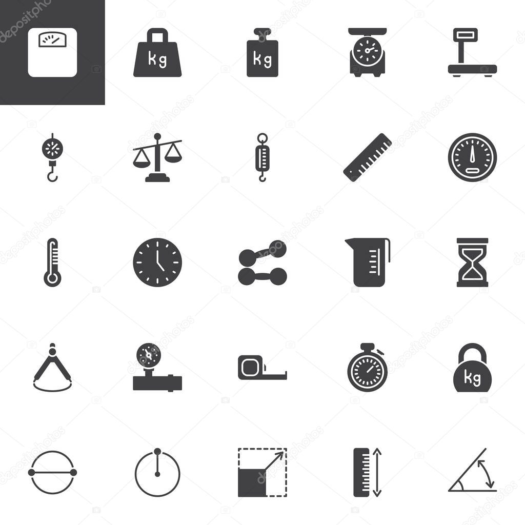 Scale and Measurement vector icons set, modern solid symbol collection, filled style pictogram pack. Signs, logo illustration. Set includes icons as Weight scale, Measuring Ruler, Speedometer, Clock