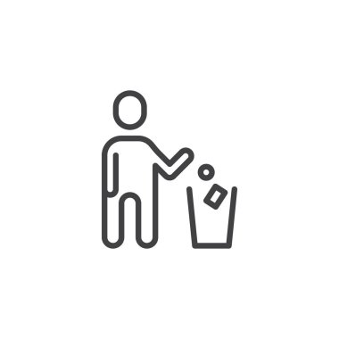 Man throwing paper into dustbin line icon