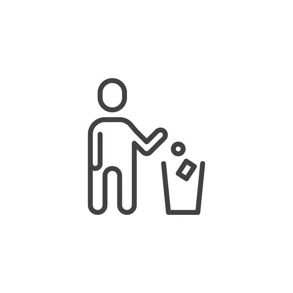 Hombre tirando papel en el icono de la línea de la basura — Archivo Imágenes Vectoriales