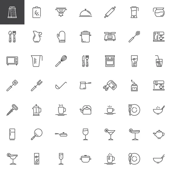 Sada ikon linky kuchyňského nádobí — Stockový vektor