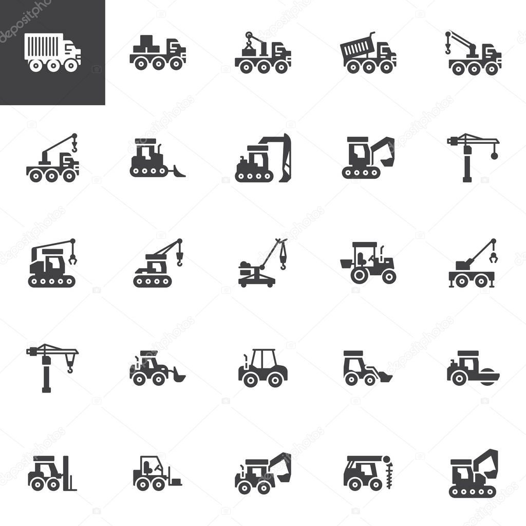 Construction truck vector icons set, modern solid symbol collection, filled style pictogram pack. Signs, logo illustration. Set includes icons as crane, industry, bulldozer, tractor, excavator truck