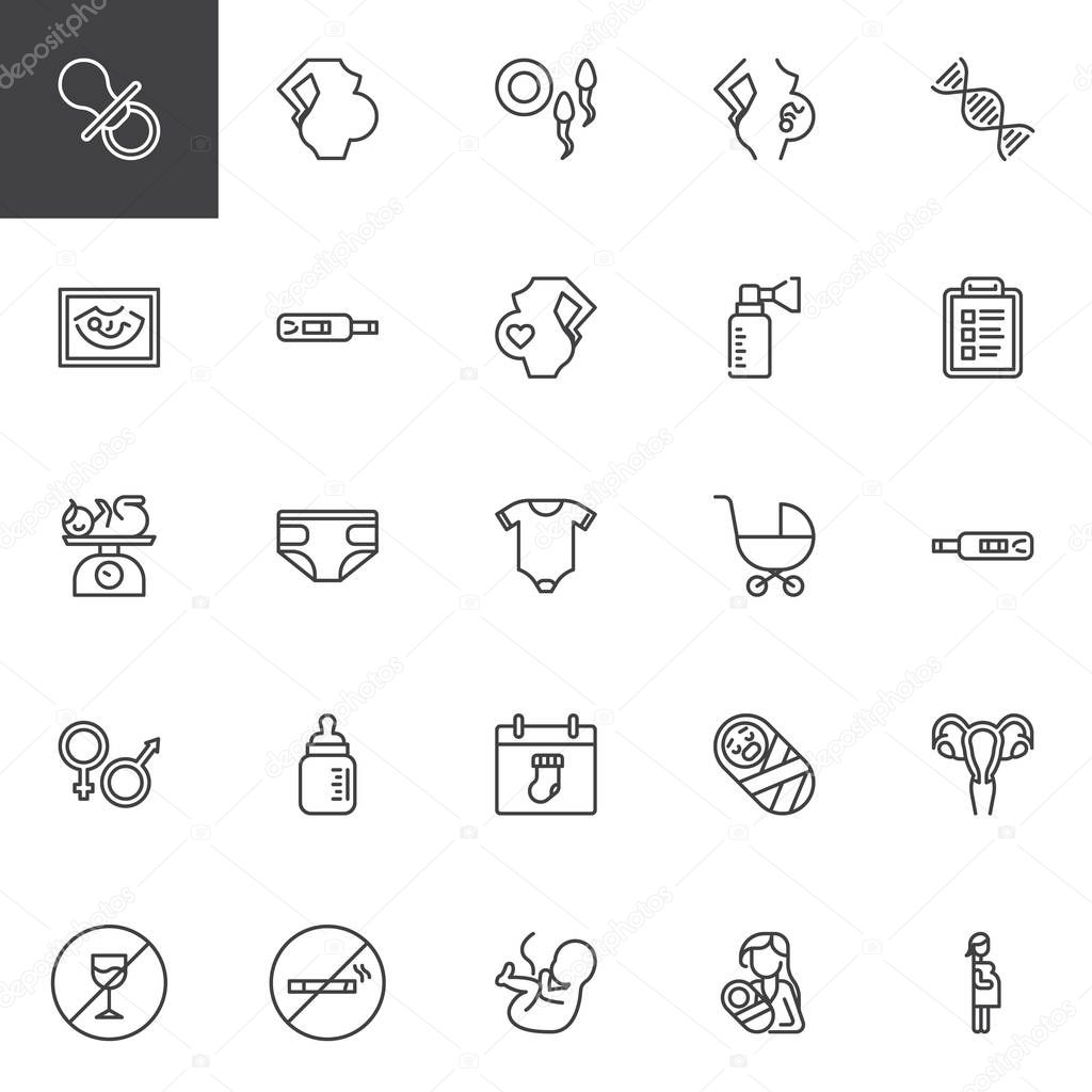 Maternity and pregnancy line icons set. linear style symbols collection, outline signs pack. vector graphics. Set includes icons as Pacifier, Pregnant woman, Fertilization, Breast pump, Baby Diapers