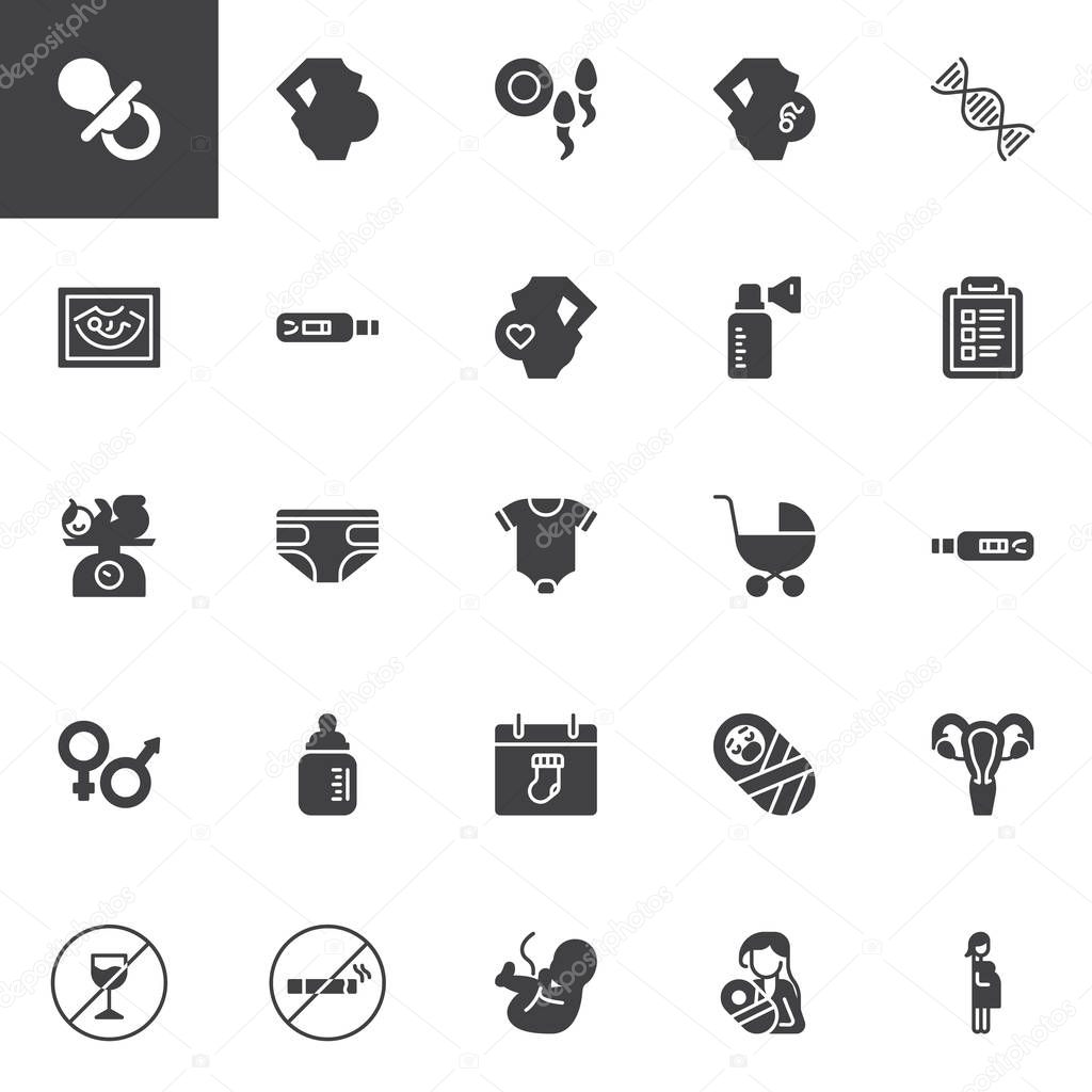 Maternity and pregnancy vector icons set, modern solid symbol collection, filled style pictogram pack. Signs, logo illustration. Set includes icons as Baby Pacifier, Pregnant women, Fertilization